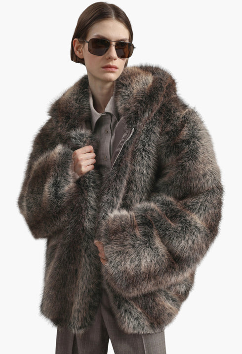 Emma Faux Fur Hooded Jacket - Brown Melange